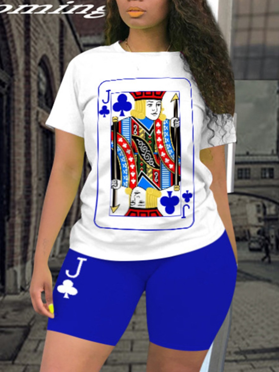 

Lovely Plus Size Casual O Neck Print Blue Two-piece Shorts Set