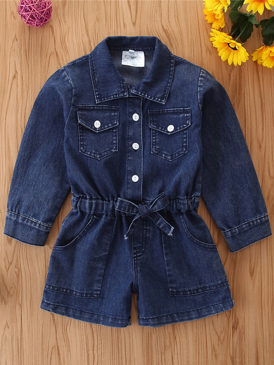

lovely Trendy Buttons Design Drawstring Blue Girl One-piece Romper