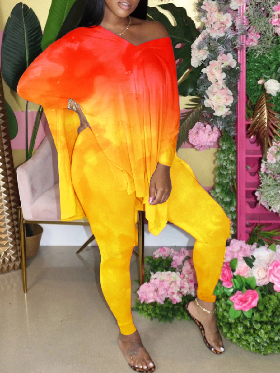 

LW Plus Size Street V Neck Tie-dye Side Slit Yellow Two-piece Pants Set