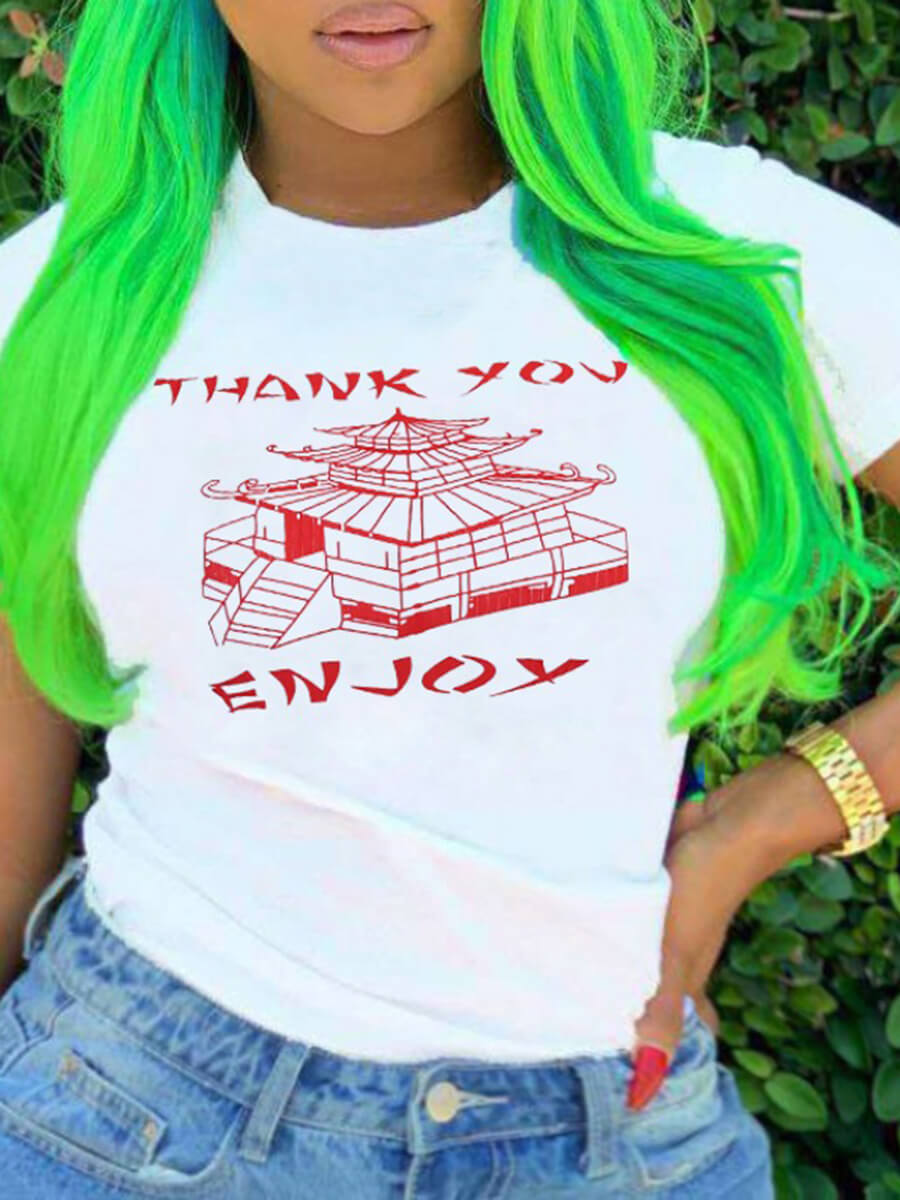 

Lovely Plus Size Casual O Neck Print White T-shirt