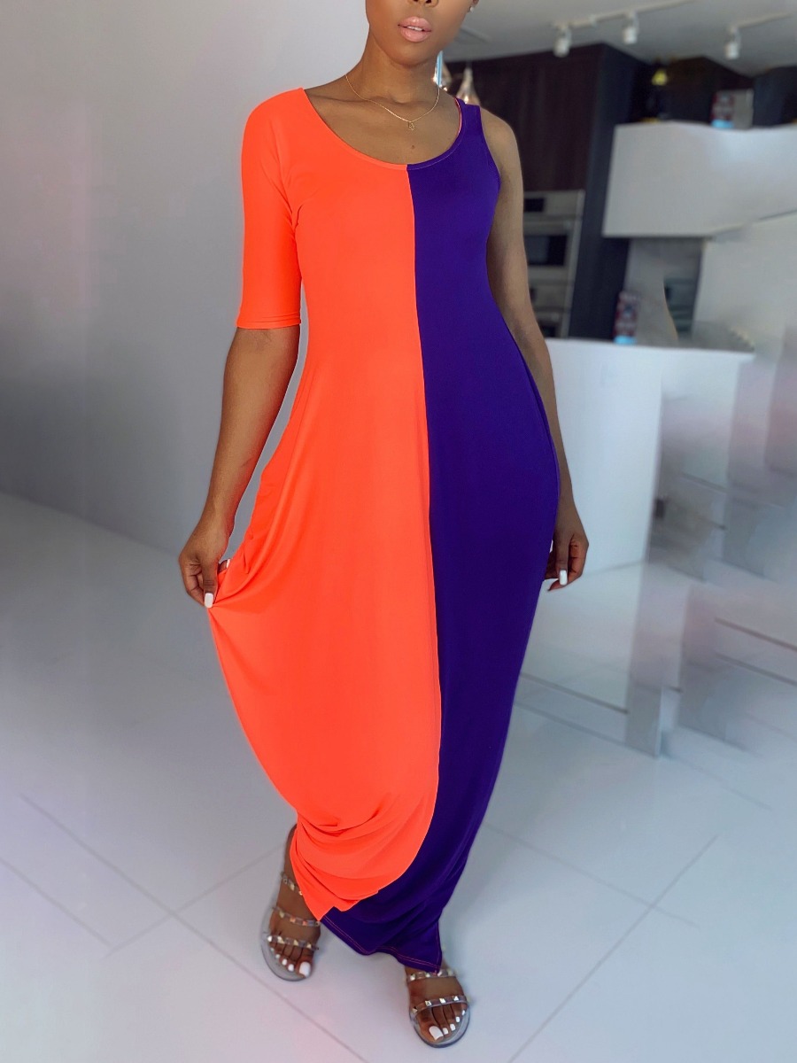 

lovely Casual One Shoulder Patchwork Red Ankle Length Dress