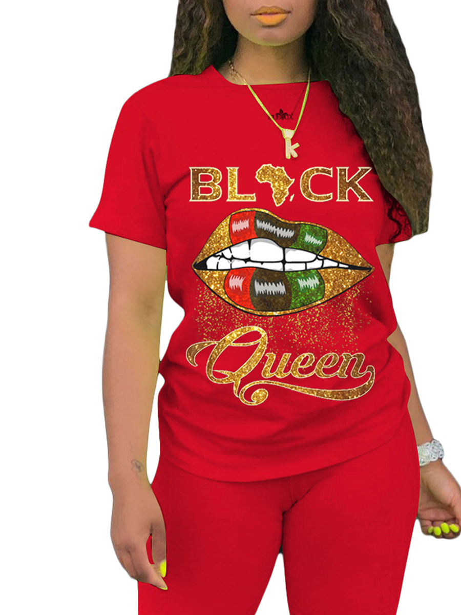 

Lovely Casual Lip Print Red Plus Size Two-piece Shorts Set