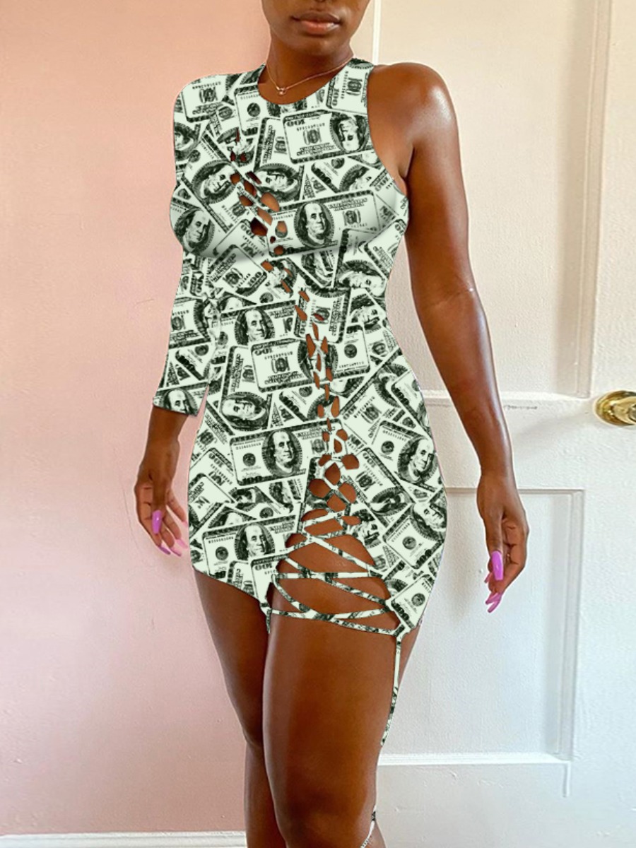 

lovely Sexy One Shoulder Print Green Mini Dress