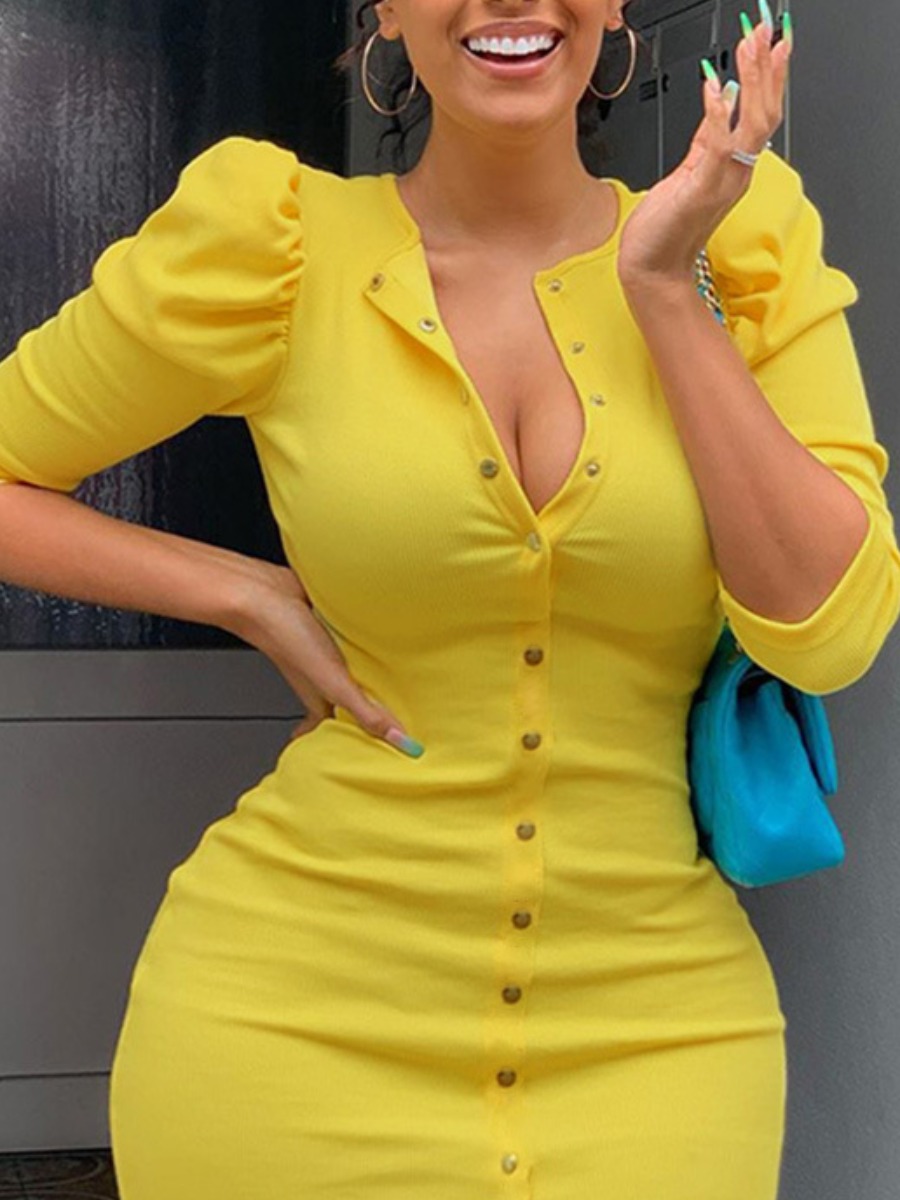 

lovely Stylish O Neck Buttons Design Yellow Knee Length Dress