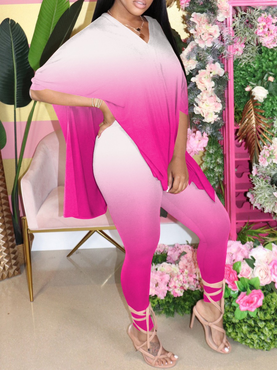 

lovely Casual V Neck Gradient Pink Two Piece Pants Set