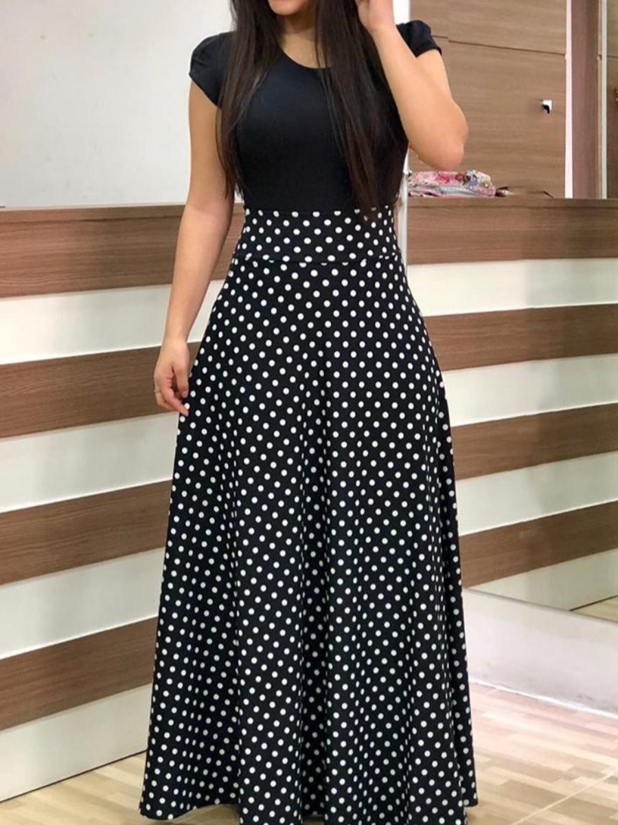 

lovely Casual O Neck Dot Print Patchwork Black Maxi Dress