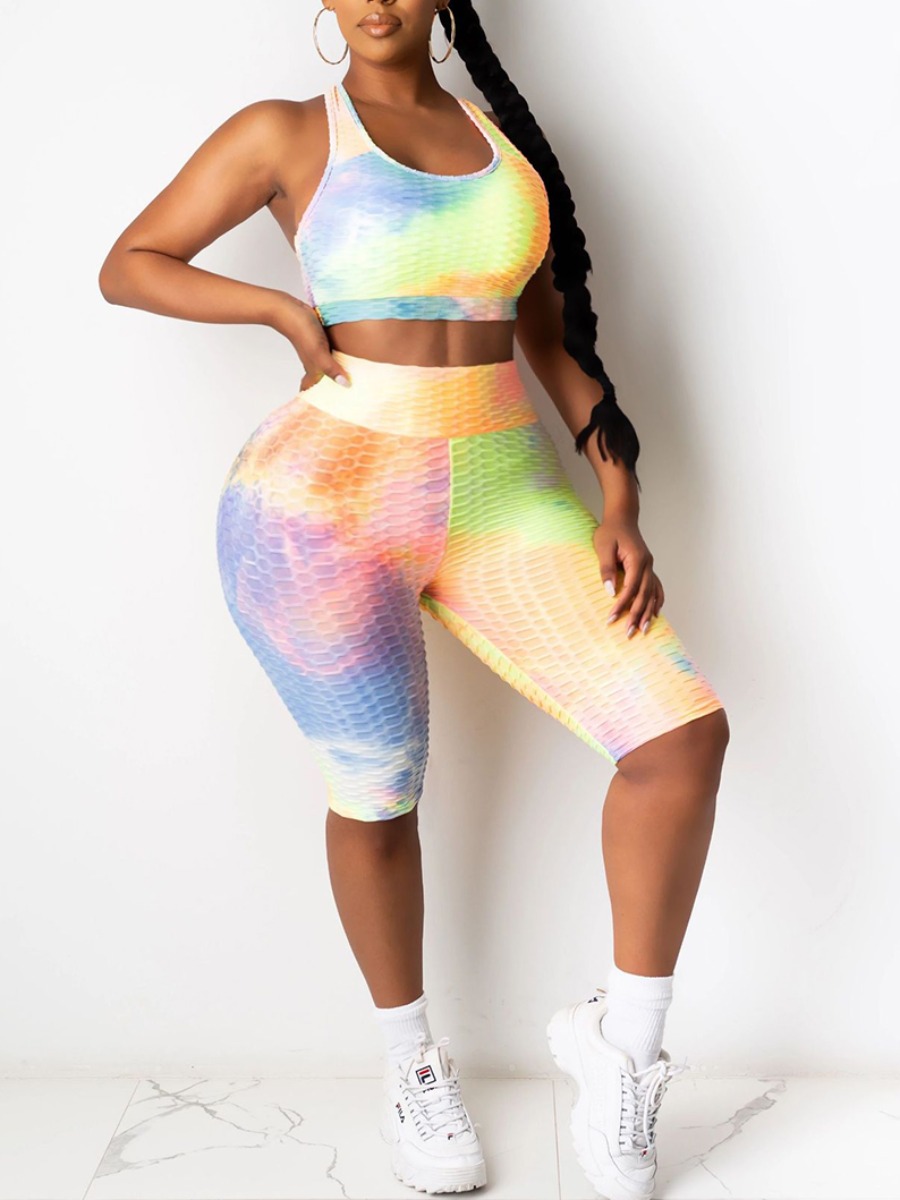 

lovely Sportswear U Neck Tie-dye Multicolor Plus Size Two-piece Shorts Set, Multi