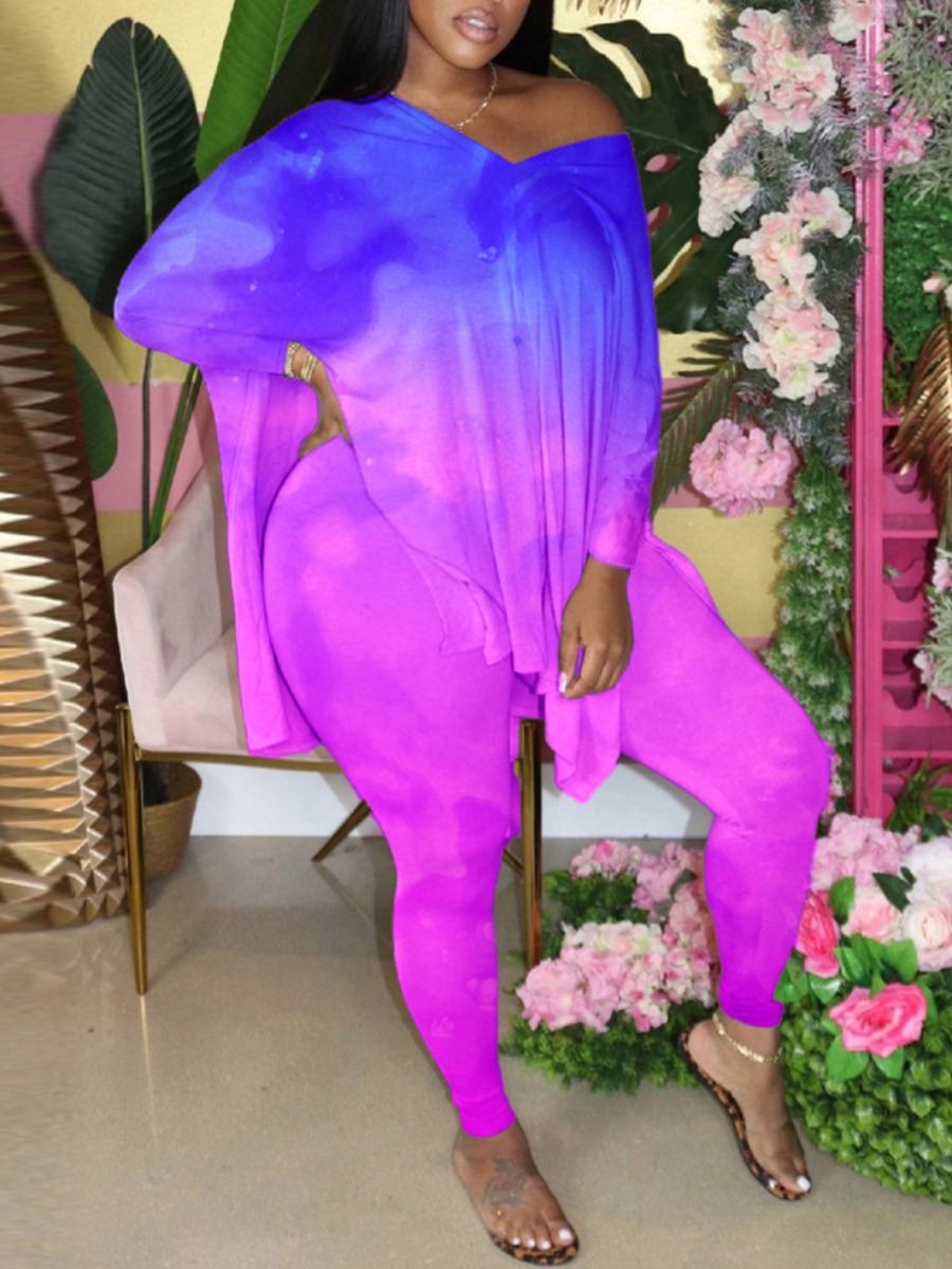 

Lovely Street V Neck Tie-dye Side Slit Purple Plus Size Two-piece Pants Set