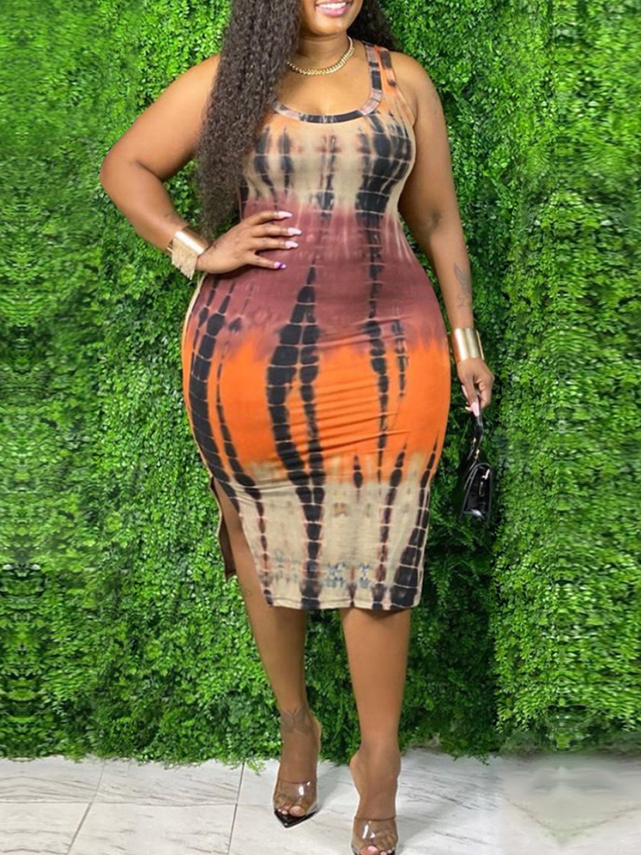 

lovely Trendy Spaghetti Strap Tie-dye Coffee Mid Calf Plus Size Dress