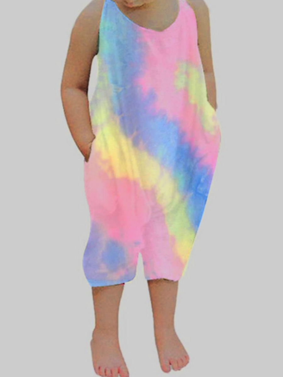 

lovely Trendy O Neck Tie-dye Loose Pink Girl One-piece Jumpsuit