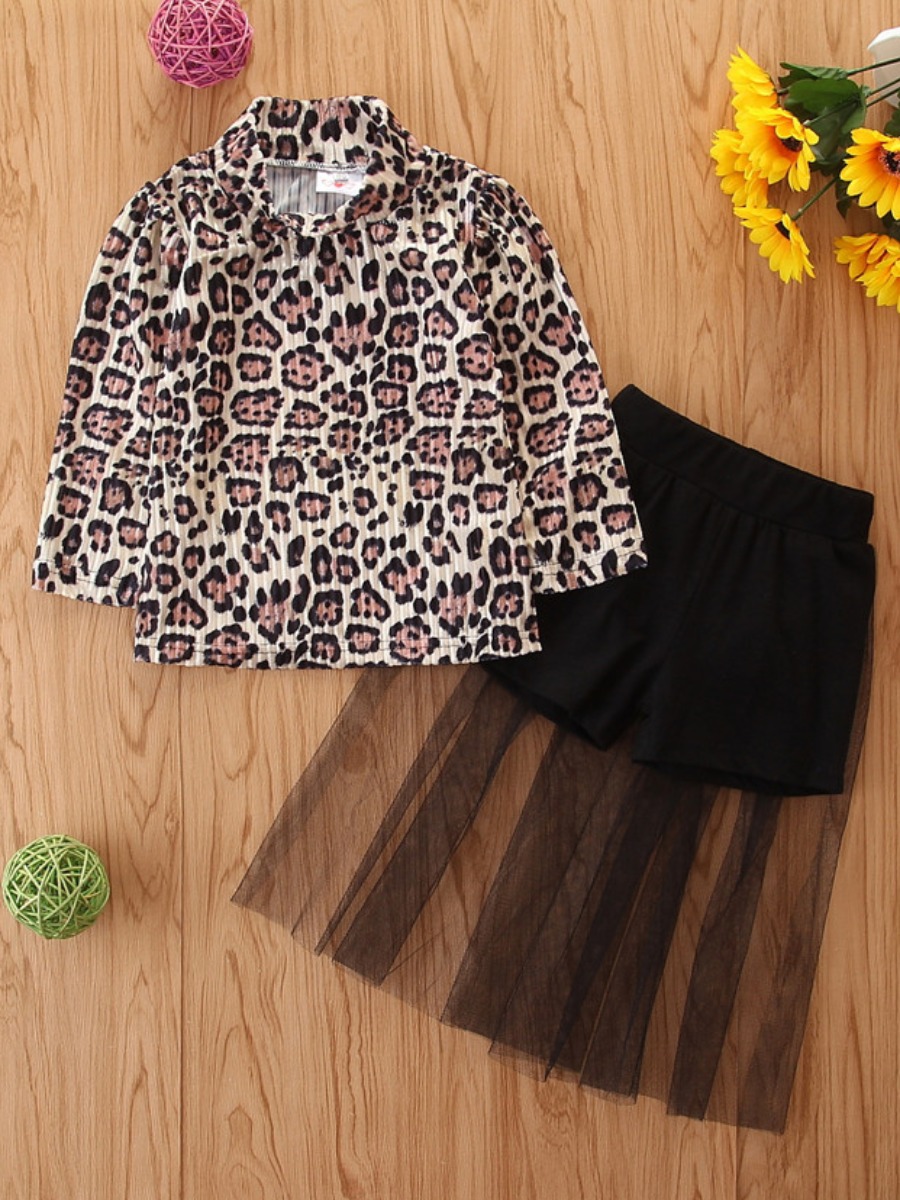 

lovely Stylish Leopard Print Patchwork Girl Two-piece Skirt Set