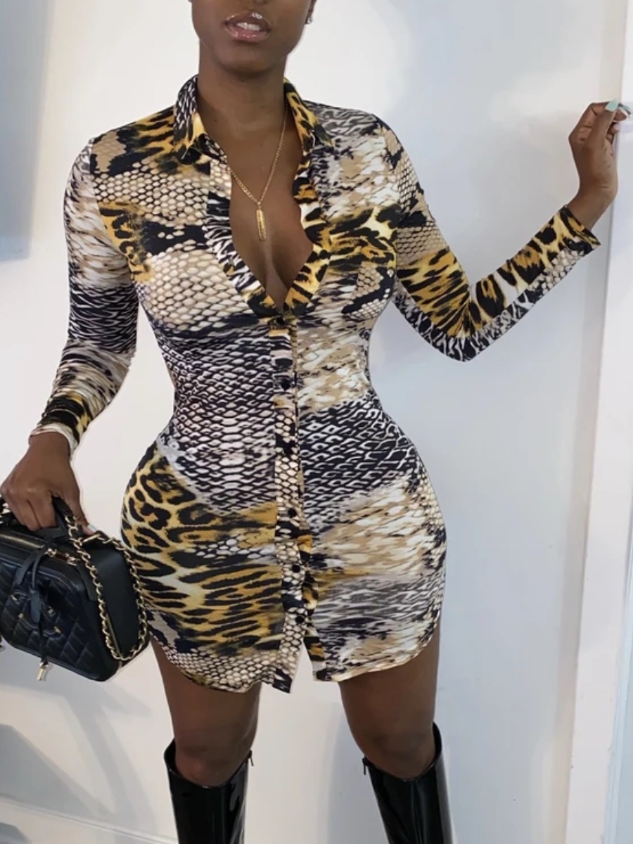 

lovely Trendy Shirt Collar Print Patchwork Multicolor Mini Dress, Multi