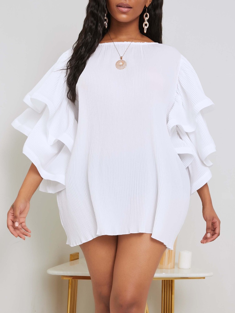

lovely Sweet O Neck Flounce Design White Mini Dress