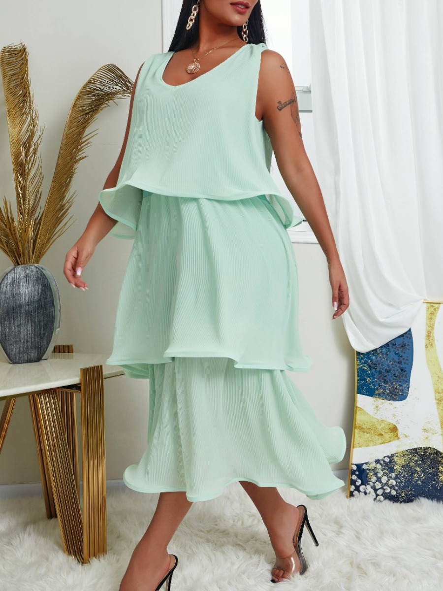 

lovely Sweet V Neck Layered Cascading Ruffle Cyan Mid Calf Dress