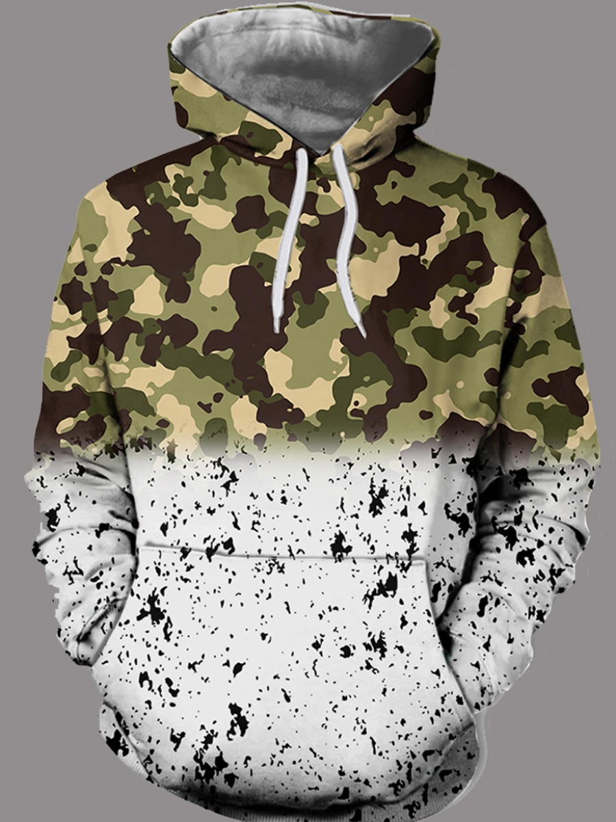 

Men lovely Sportswear Hooded Collar Print Patchwork Army Green Hoodie, Army green camouflag