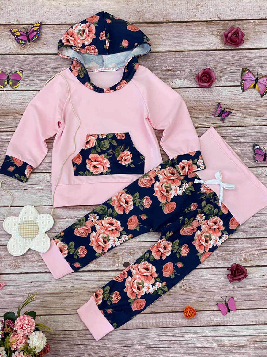 

lovely Stylish Hooded Collar Patchwork Pink Girl Two-piece Pants Set