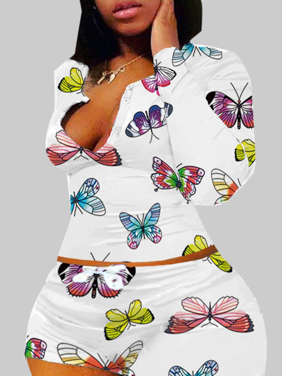 

lovely Sportswear Butterfly Print White Plus Size Two-piece Shorts Set