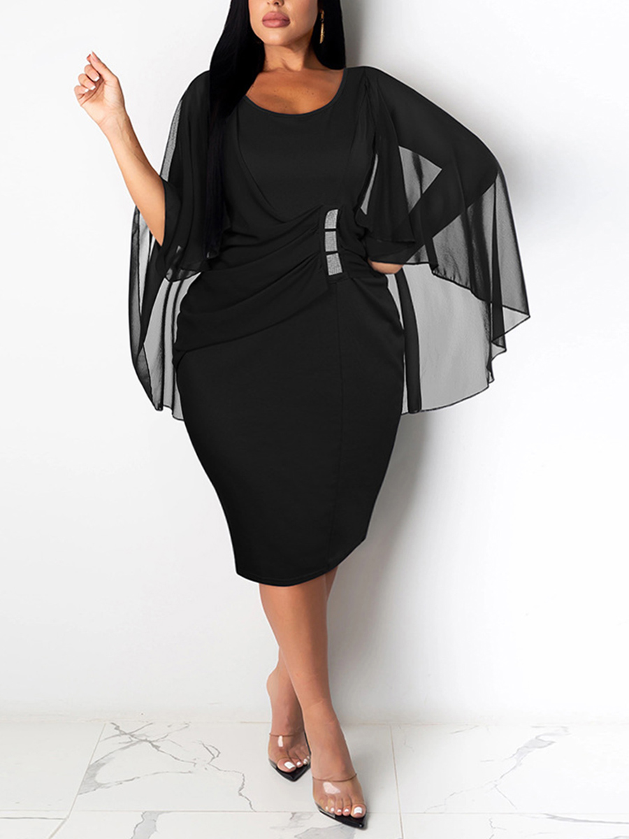 

Lovely Casual O Neck Patchwork See-through Black Knee Length Plus Size Dress