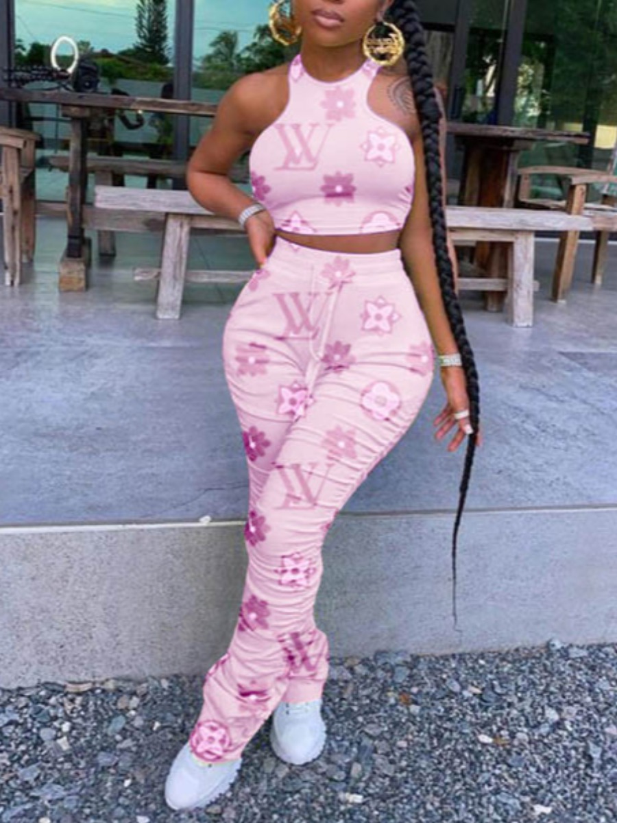 

Lovely Stylish Sleeveless Print Pink Two Piece Pants Set