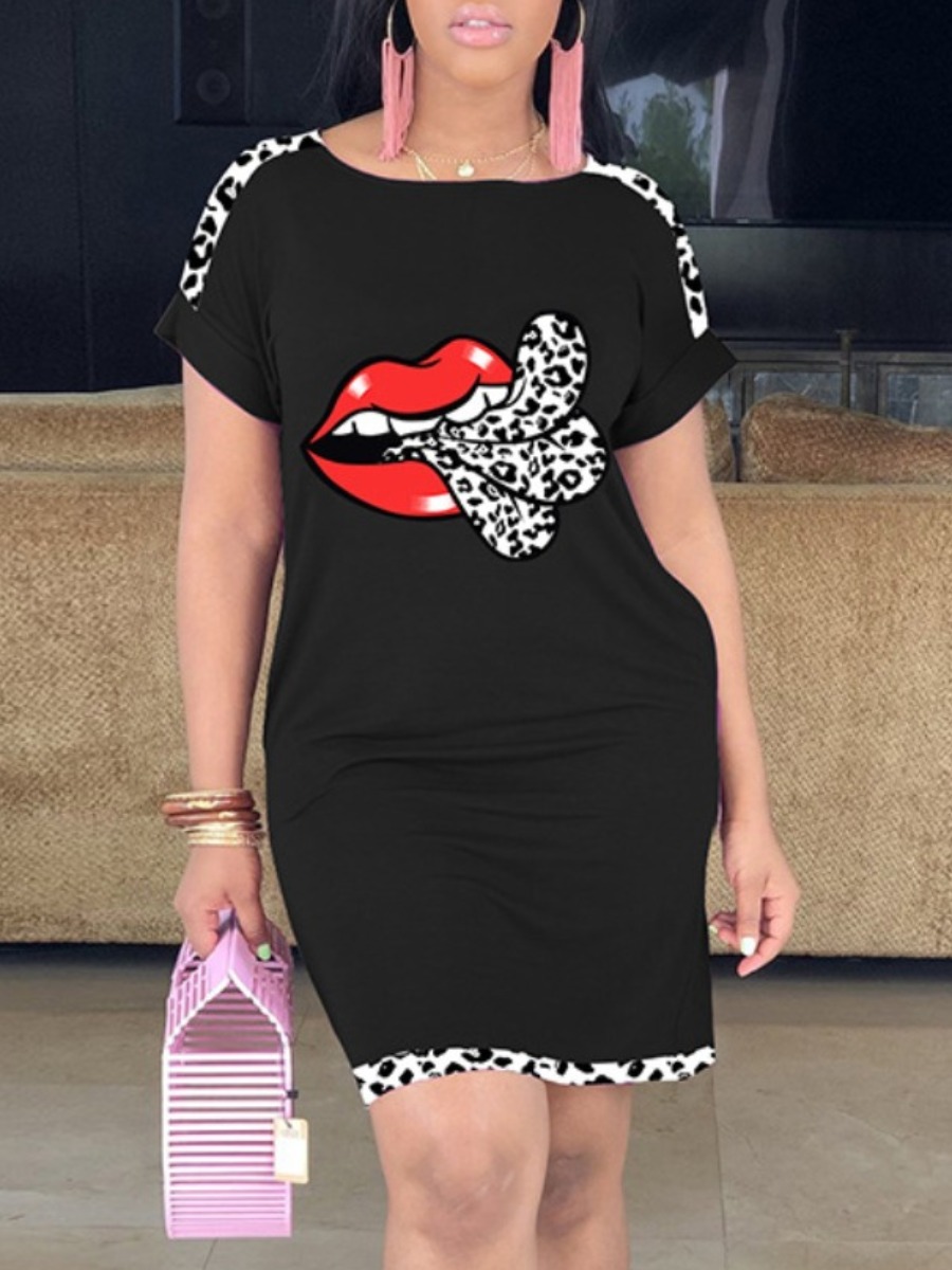 

lovely Casual O Neck Lip Print Black Knee Length Dress