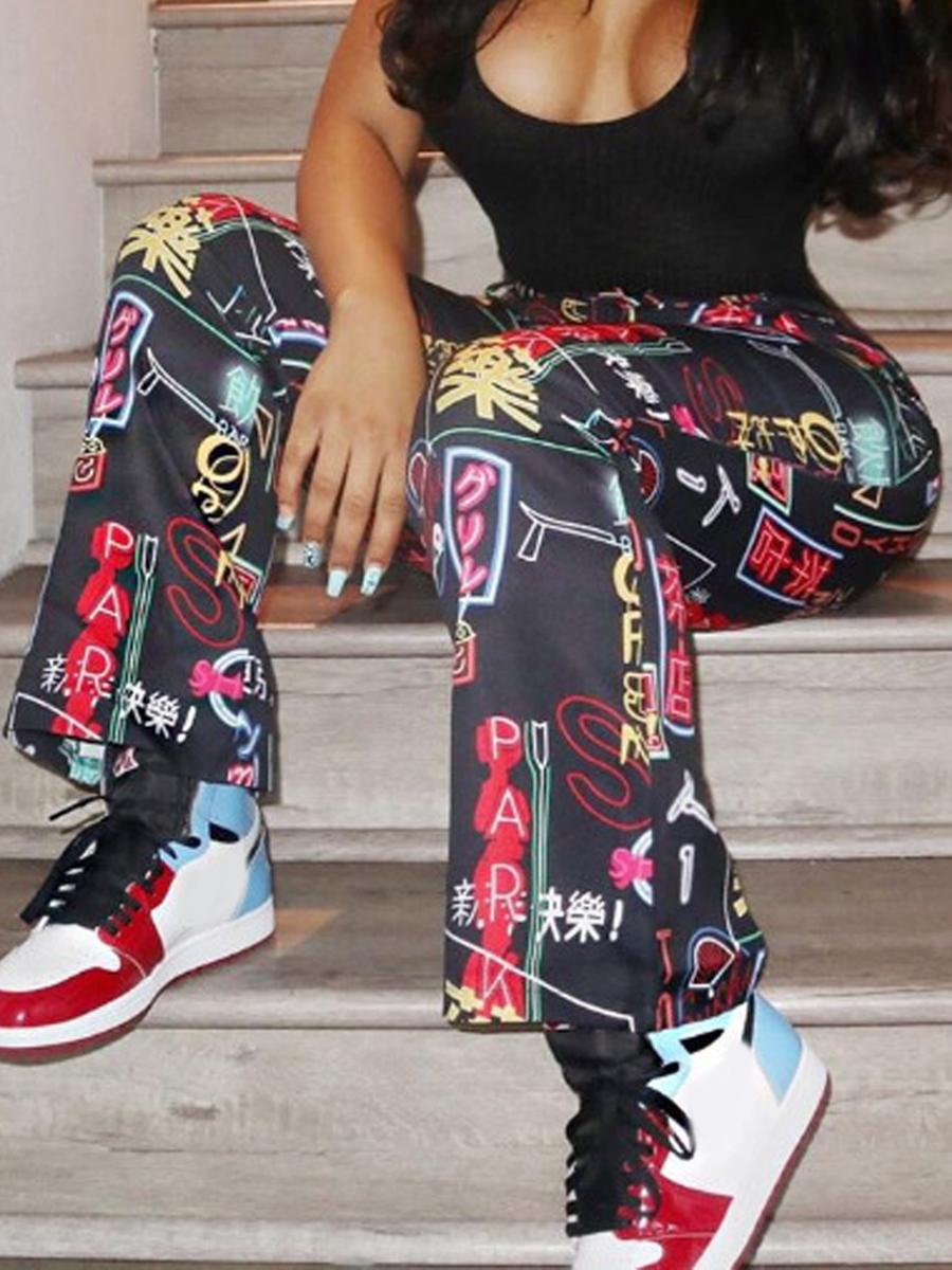 

Lovely Street Letter Print Multicolor Pants, Multi