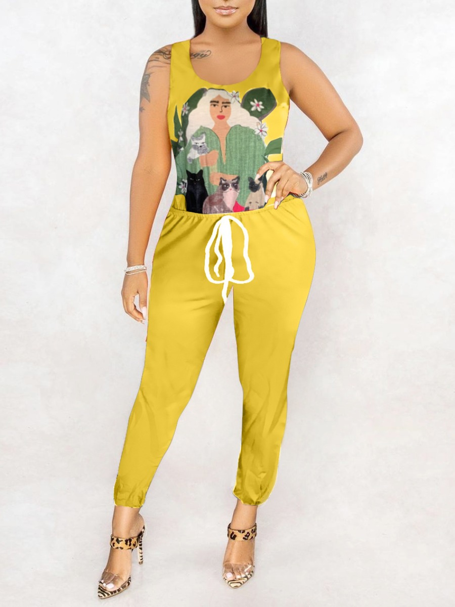 

lovely Sportswear U Neck Print Patchwork Yellow One-piece Jumpsuit