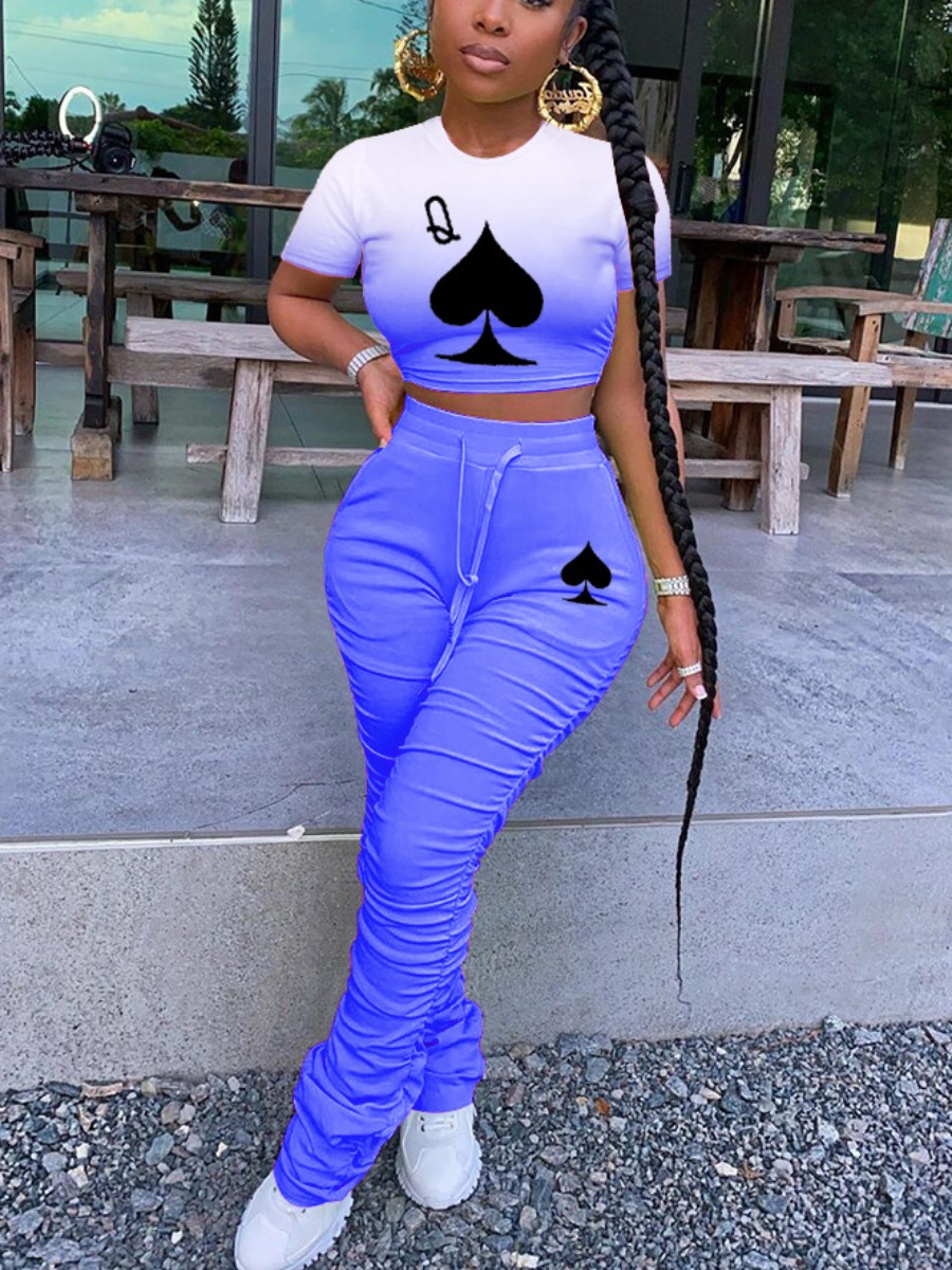

lovely Street O Neck Print Fold Design Blue Two Piece Pants Set