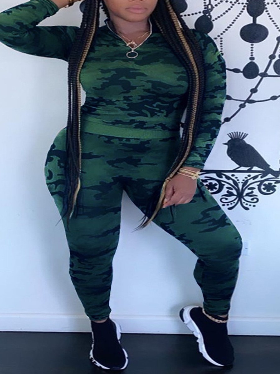 

lovely Casual Zipper Design Camo Print Two Piece Pants Set