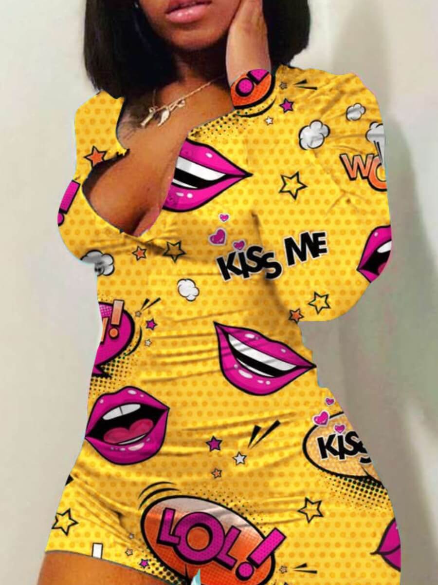 

Lovely Leisure Lip Print Yellow One-piece Romper
