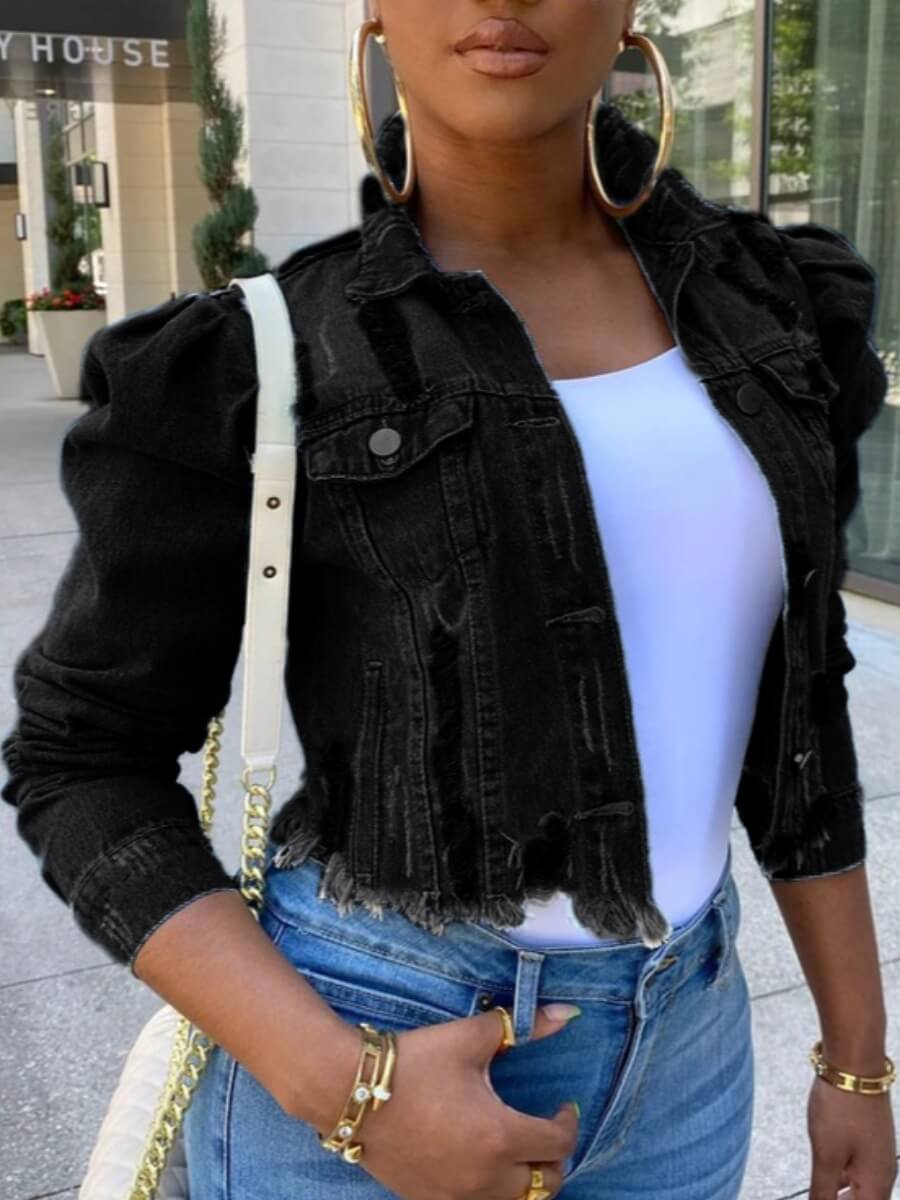 

LW Ripped Puff Sleeve Button Design Denim Jacket, Black