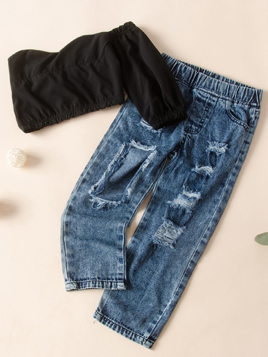 

lovely Stylish Broken Holes Black Girl Two-piece Pants Set