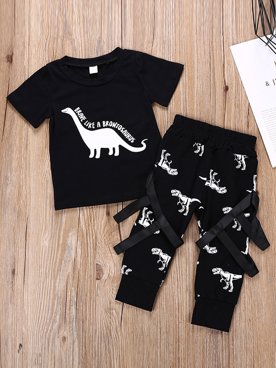 

lovely Casual O Neck Print Black Boy Two-piece Pants Set
