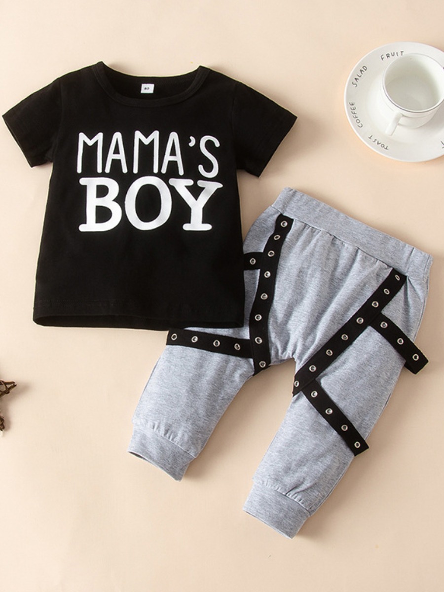 

lovely Casual O Neck Letter Print Black Boy Two-piece Pants Set