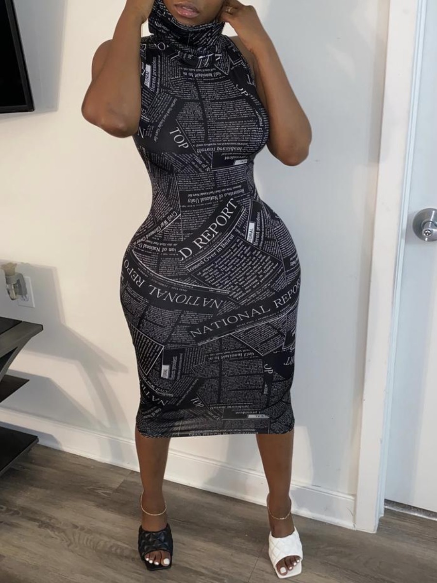 

lovely Street Letter Print Black Knee Length Dress