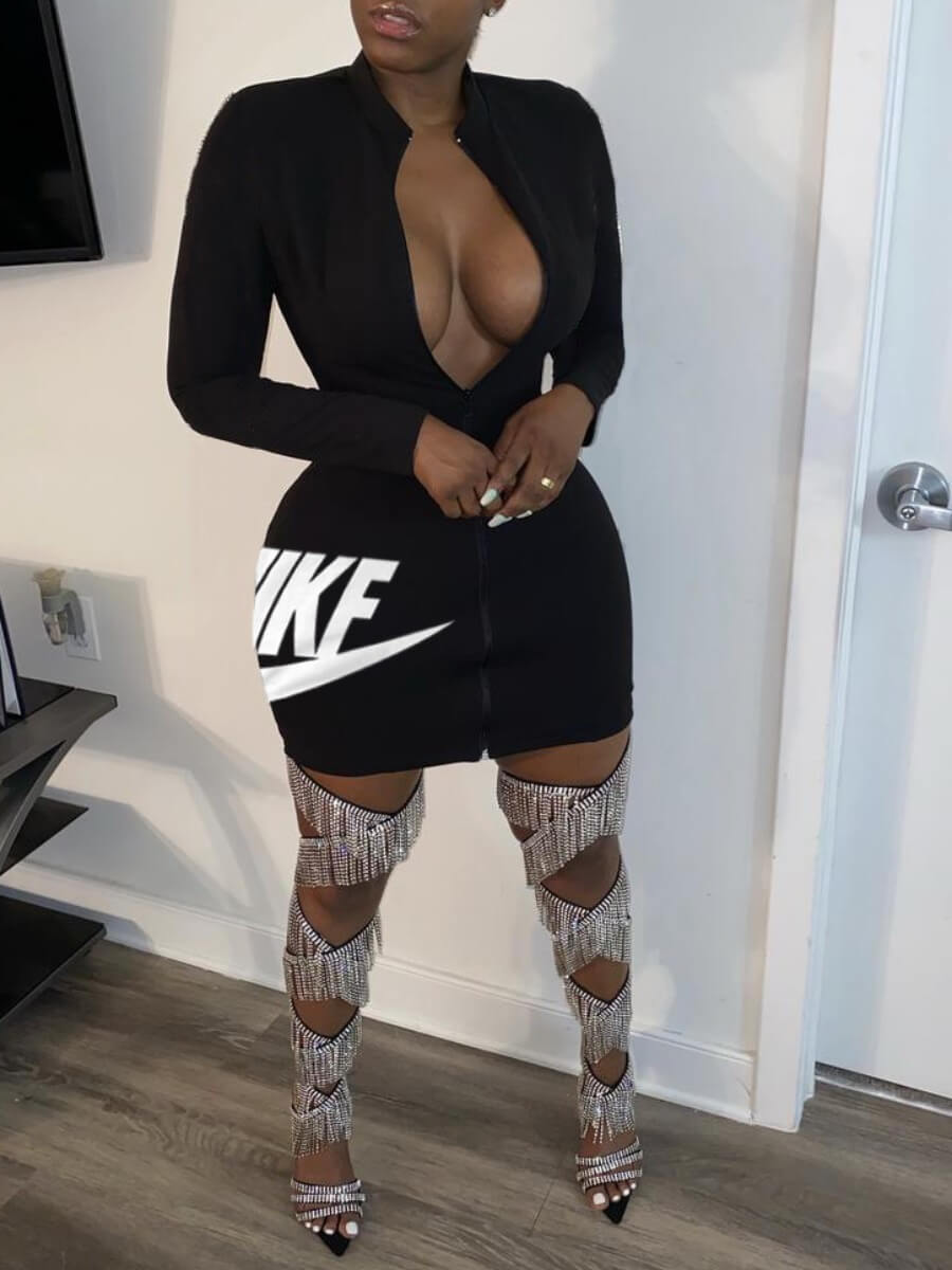 

Lovely Sportswear Zipper Design Letter Black Mini Dress