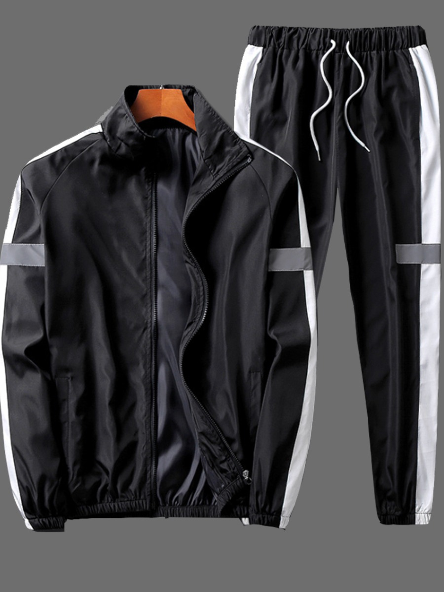 

Men lovely Sportswear Hooded Collar Patchwork Black Two-piece Pants Set