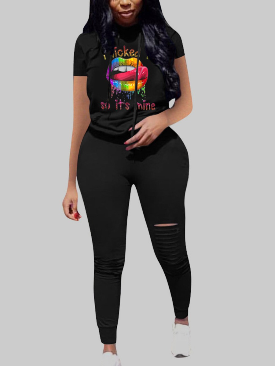 

lovely Casual Lip Print Black Plus Size Two-piece Pants Set