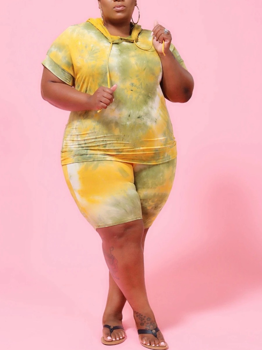 

lovely Street Hooded Collar Tie-dye Yellow Plus Size Two-piece Shorts Set