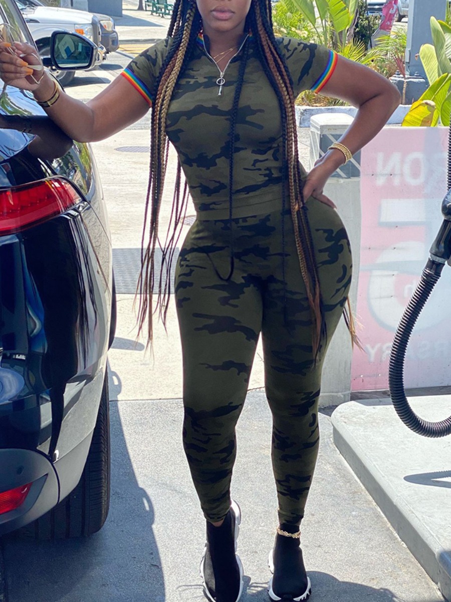 

lovely Sportswear Camo Print Army Green Plus Size Two-piece Pants Set