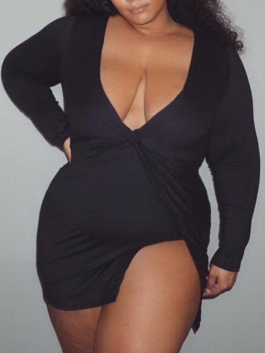 

lovely Casual Deep V Neck Asymmetrical Black Mini Plus Size Dress