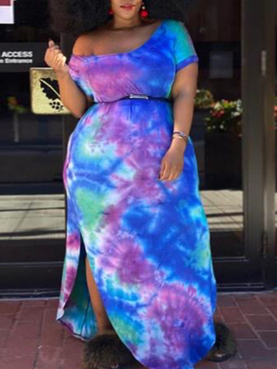 

lovely Trendy V Neck Tie-dye Blue Maxi Plus Size Dress