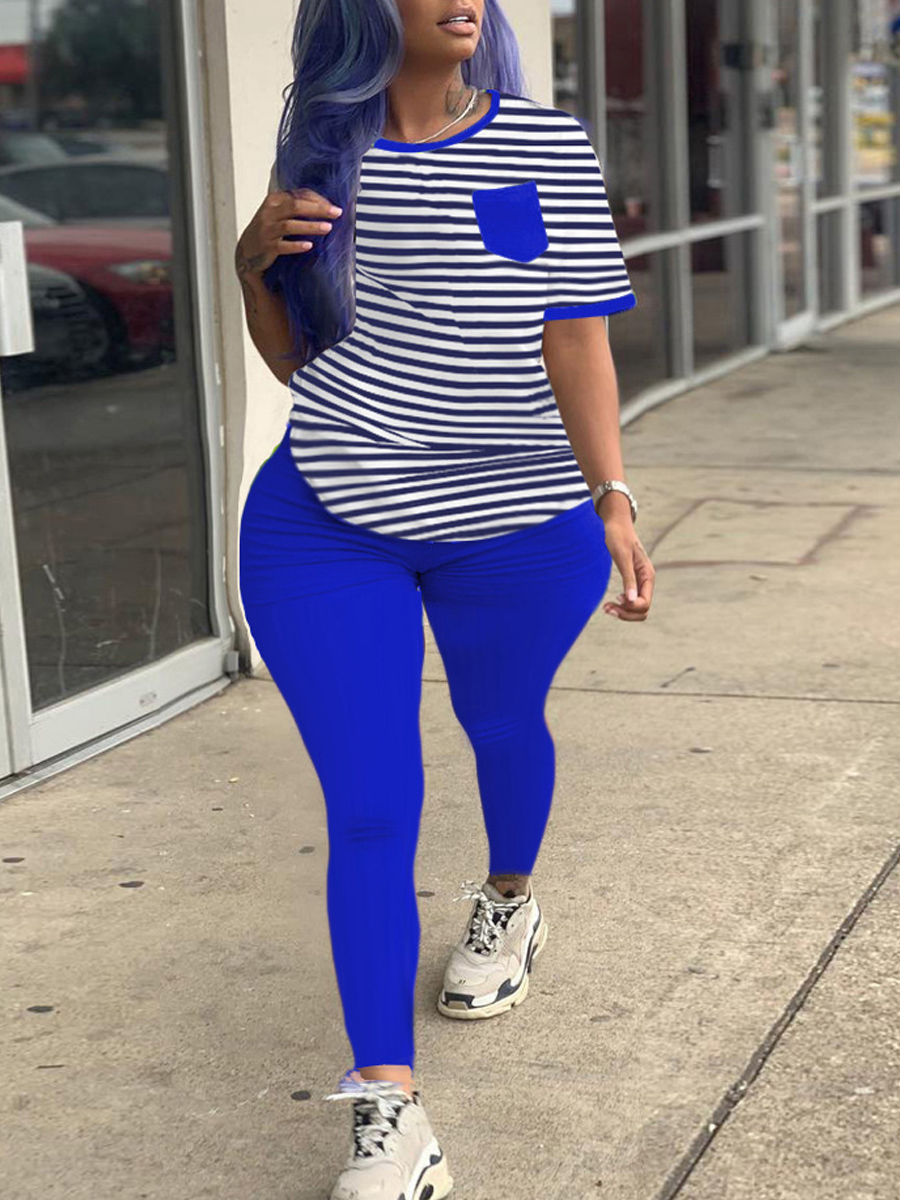 

Lovely Leisure O Neck Striped Print Blue Plus Size Two-piece Pants Set