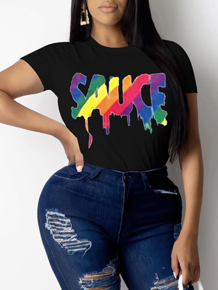 

LW Plus Size Casual O Neck Letter Print Black T-shirt