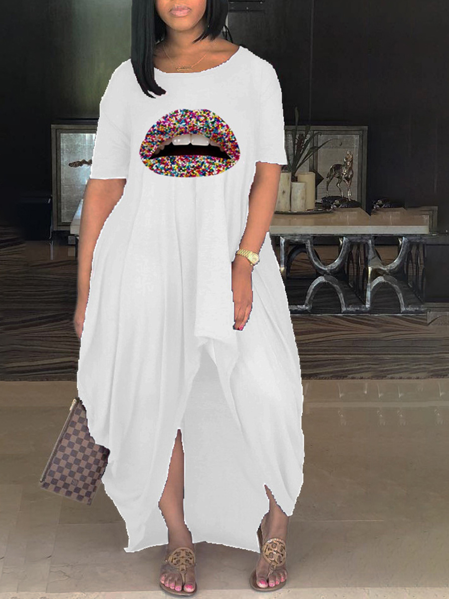 

Lovely Casual O Neck Lip Print White Ankle Length Plus Size Dress