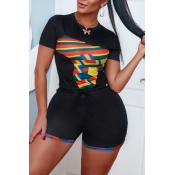 lovely Casual O Neck Print Black Two Piece Shorts 