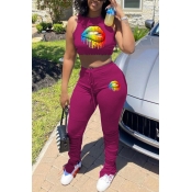 Lovely Leisure Lip Print Rose Red Two Piece Pants 