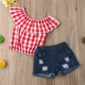 lovely Sweet Grid Print Red Girl Two-piece Shorts 