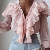lovely Trendy Flounce Design Pink Blouse