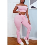 lovely Casual Dew Shoulder Pink Two Piece Pants Se