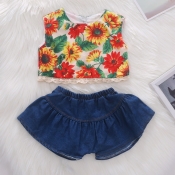 lovely Trendy Print Blue Girl Two-piece Shorts Set
